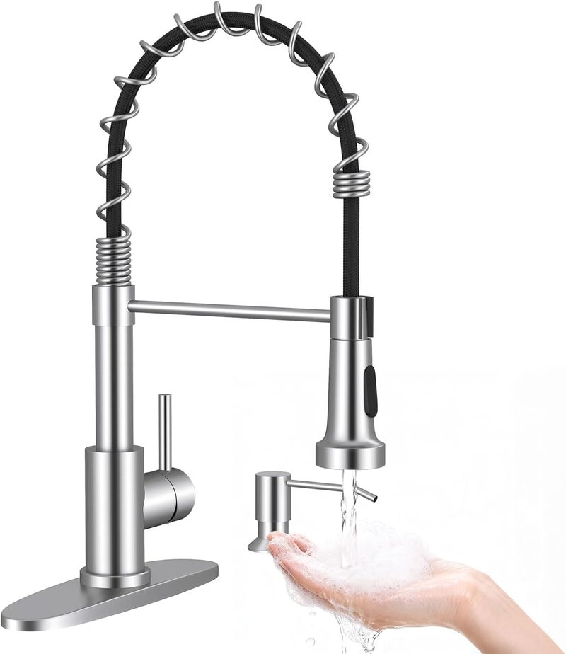 Arofa Kitchen Faucet with Soap Dispenser, Stainless Steel Sink Faucets with Pull-Down Sprayer 2 Mode, Single Handle RV Faucet for 1 or 3 Hole, Brushed Nickel Kitchen Faucets with Sprayer - Image 1